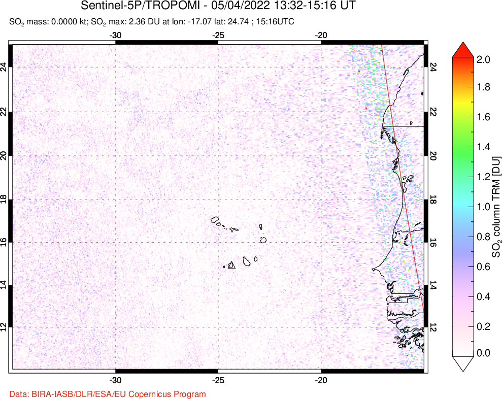A sulfur dioxide image over Cape Verde Islands on May 04, 2022.
