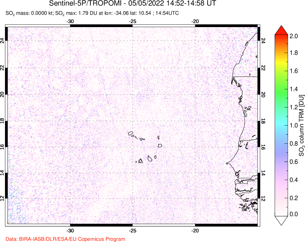 A sulfur dioxide image over Cape Verde Islands on May 05, 2022.