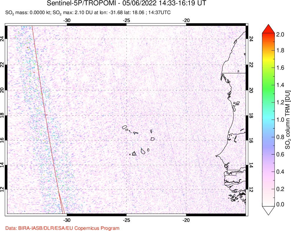 A sulfur dioxide image over Cape Verde Islands on May 06, 2022.