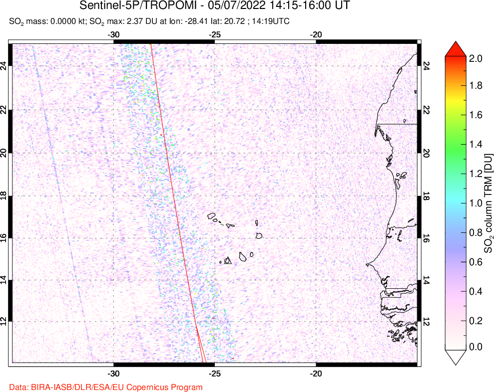A sulfur dioxide image over Cape Verde Islands on May 07, 2022.