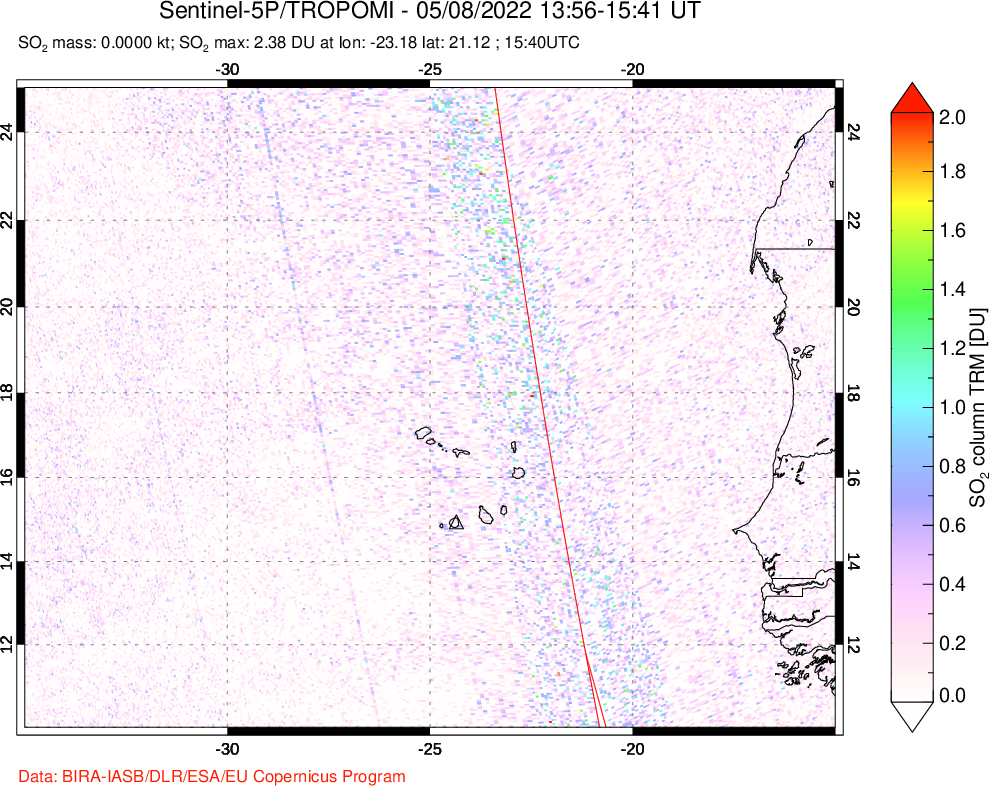 A sulfur dioxide image over Cape Verde Islands on May 08, 2022.