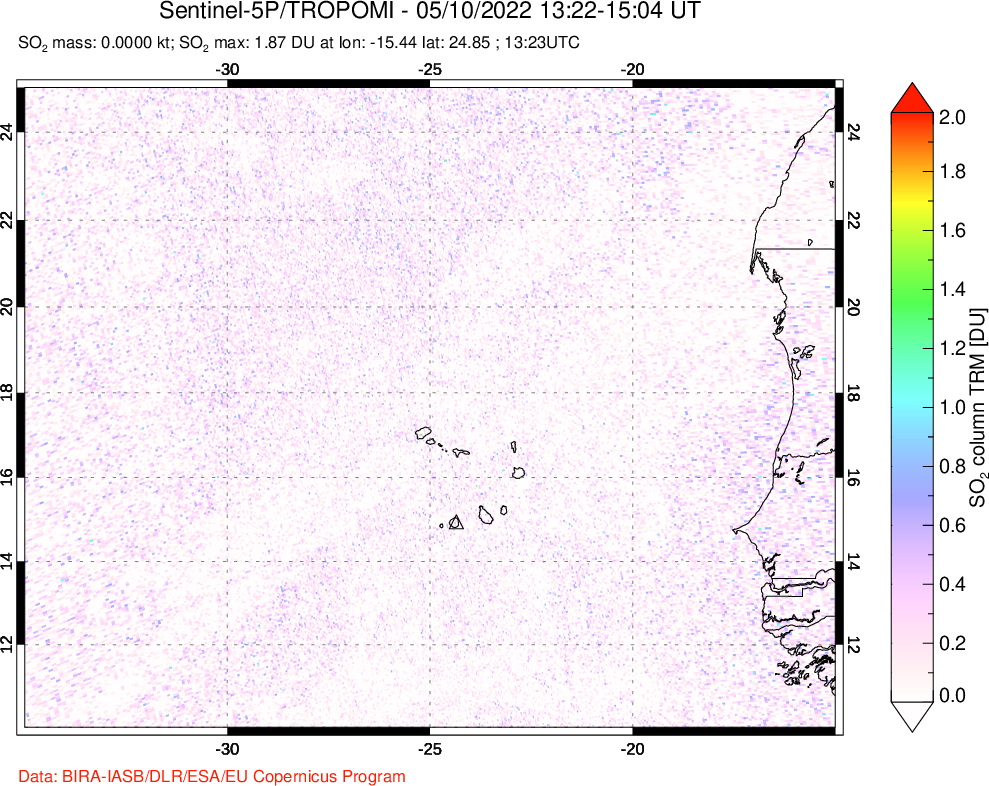 A sulfur dioxide image over Cape Verde Islands on May 10, 2022.