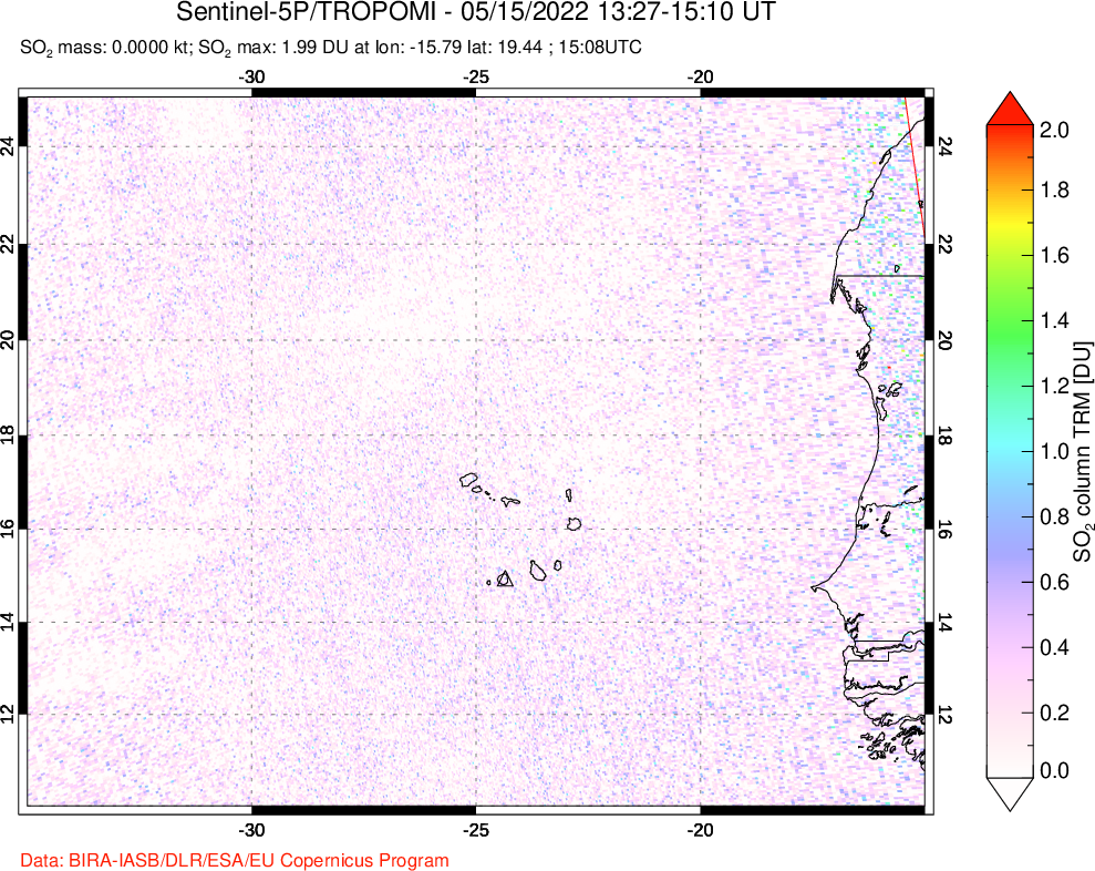 A sulfur dioxide image over Cape Verde Islands on May 15, 2022.