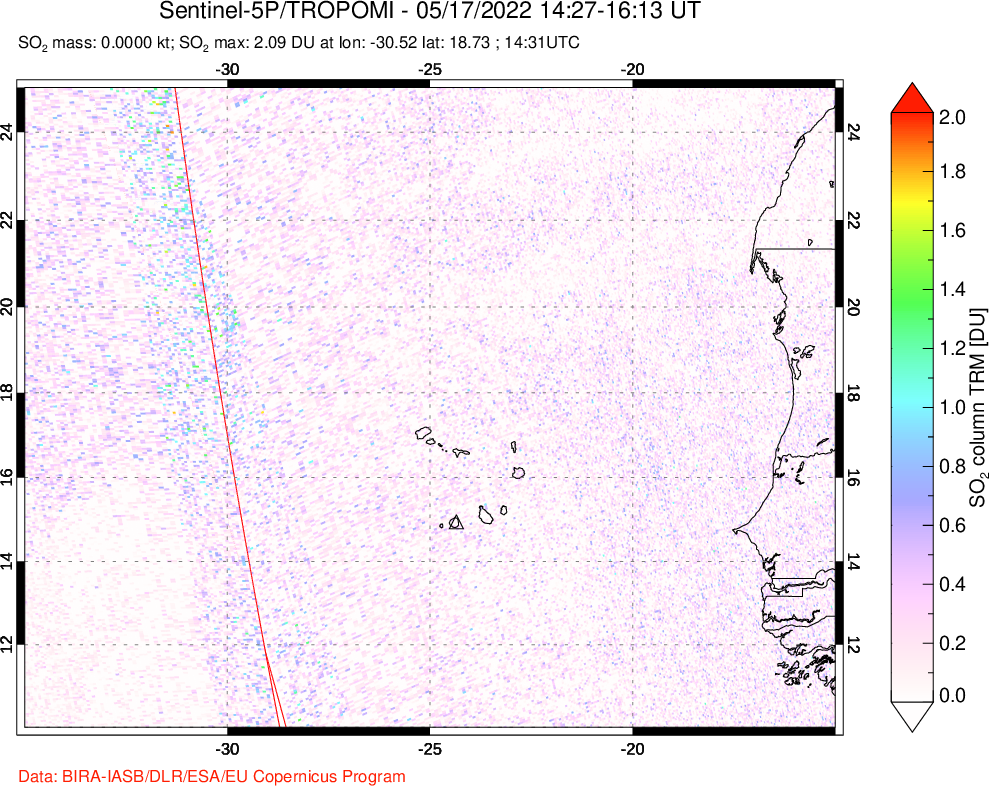 A sulfur dioxide image over Cape Verde Islands on May 17, 2022.