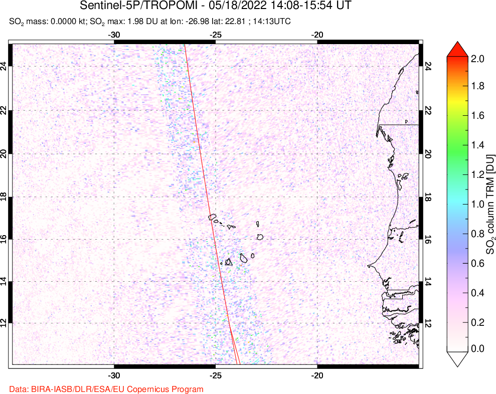 A sulfur dioxide image over Cape Verde Islands on May 18, 2022.
