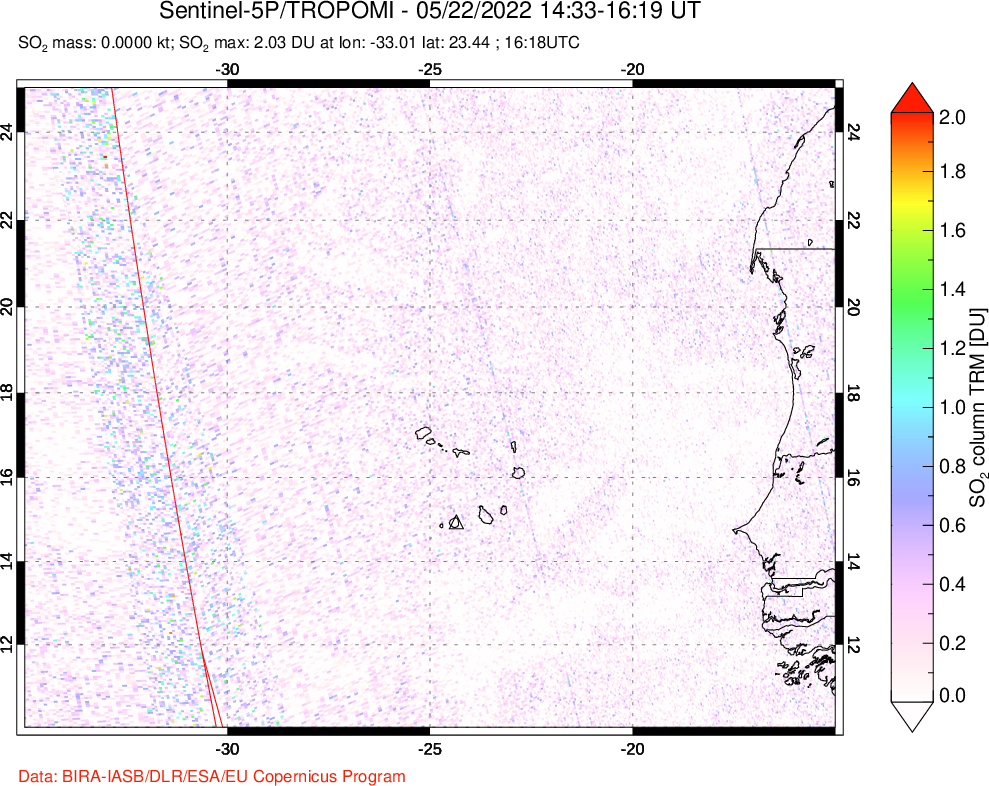 A sulfur dioxide image over Cape Verde Islands on May 22, 2022.