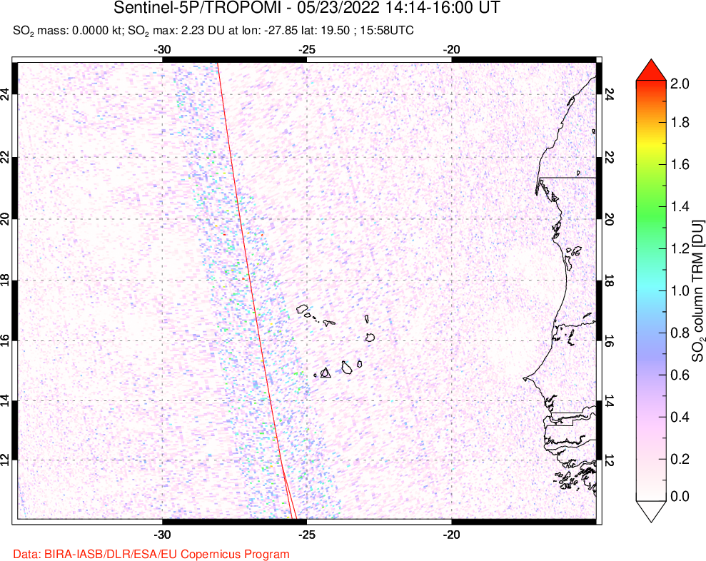 A sulfur dioxide image over Cape Verde Islands on May 23, 2022.