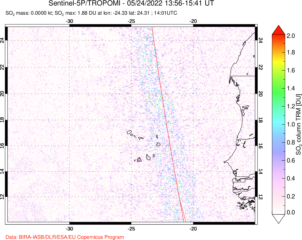 A sulfur dioxide image over Cape Verde Islands on May 24, 2022.