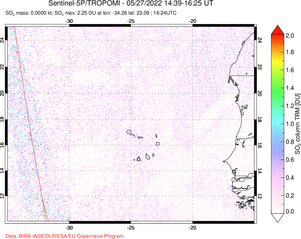A sulfur dioxide image over Cape Verde Islands on May 27, 2022.