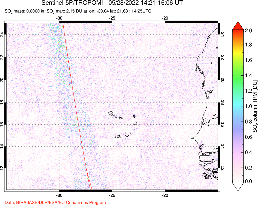 A sulfur dioxide image over Cape Verde Islands on May 28, 2022.