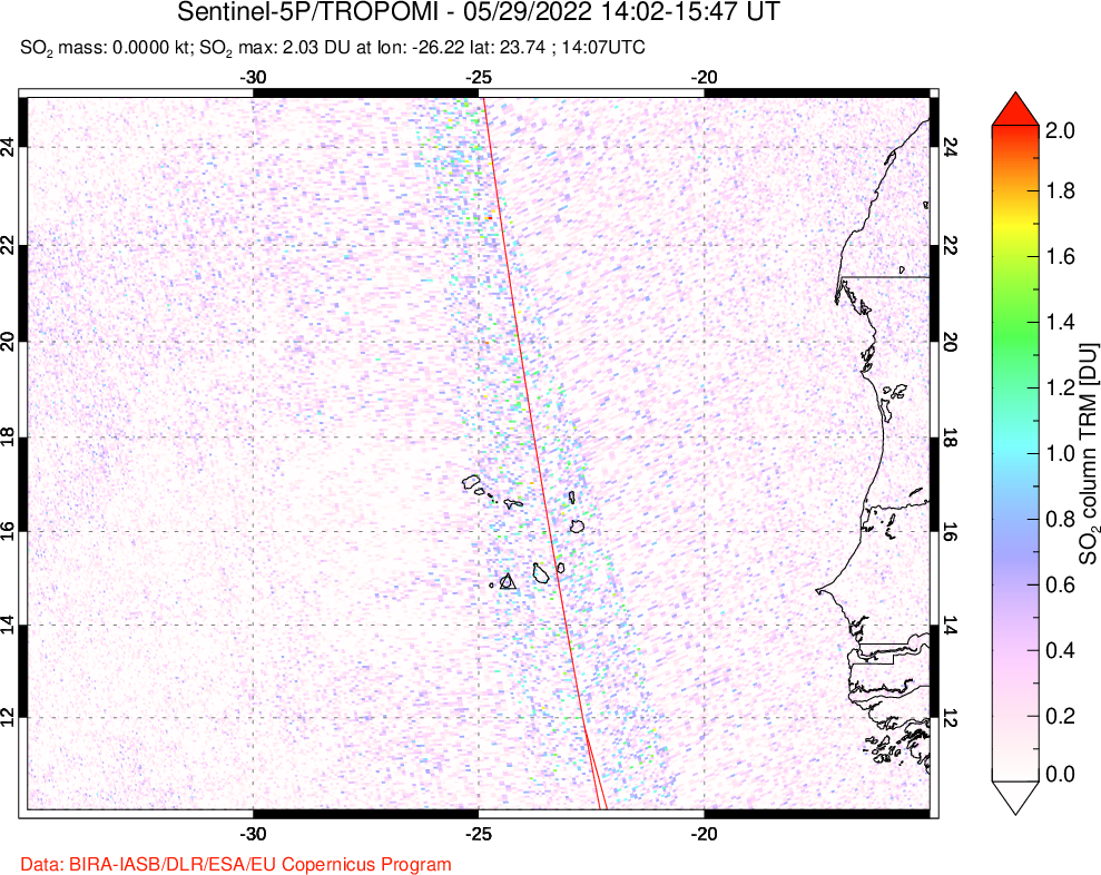 A sulfur dioxide image over Cape Verde Islands on May 29, 2022.
