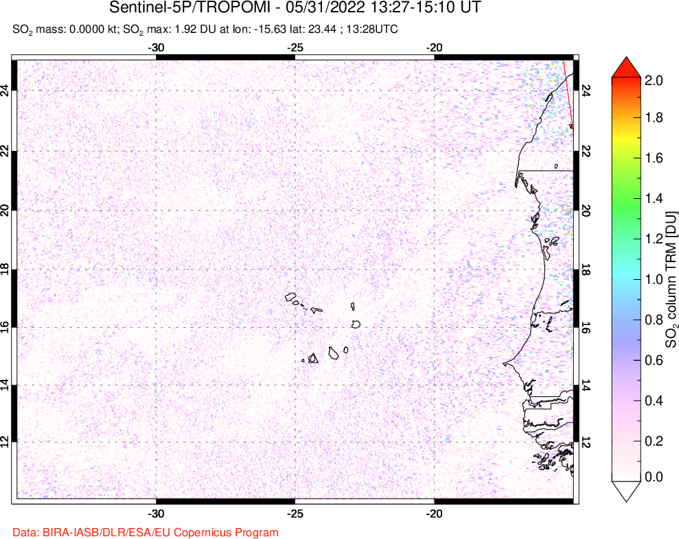 A sulfur dioxide image over Cape Verde Islands on May 31, 2022.