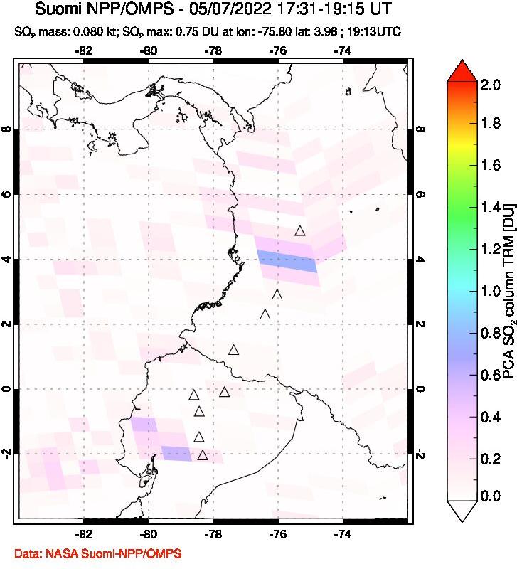 A sulfur dioxide image over Ecuador on May 07, 2022.