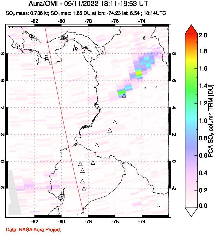 A sulfur dioxide image over Ecuador on May 11, 2022.
