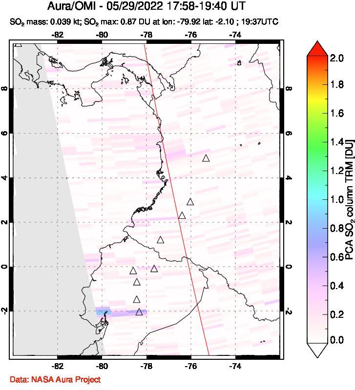 A sulfur dioxide image over Ecuador on May 29, 2022.