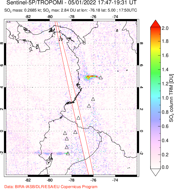 A sulfur dioxide image over Ecuador on May 01, 2022.