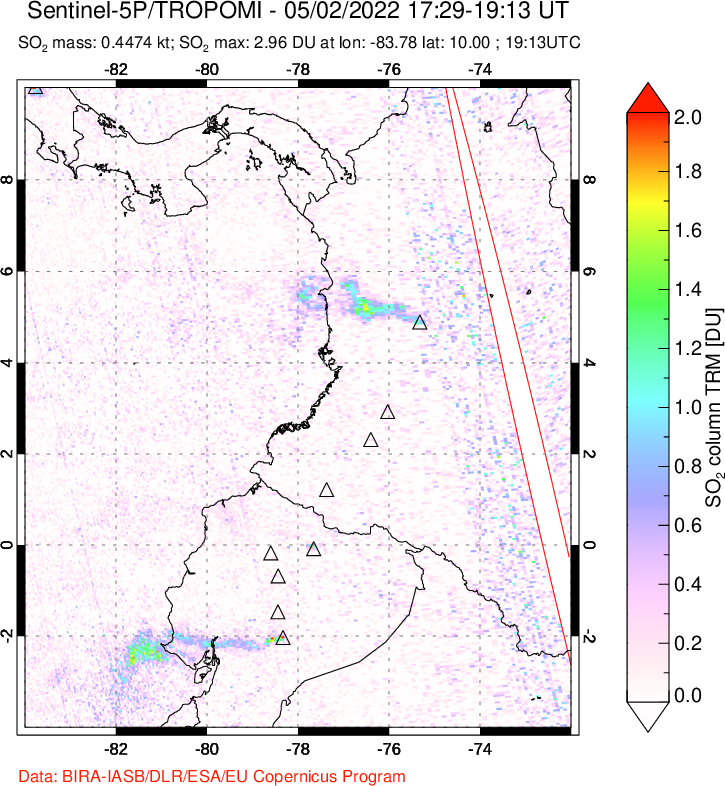 A sulfur dioxide image over Ecuador on May 02, 2022.