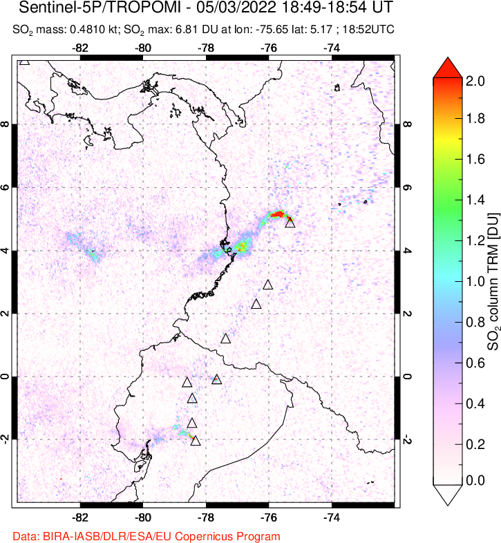 A sulfur dioxide image over Ecuador on May 03, 2022.