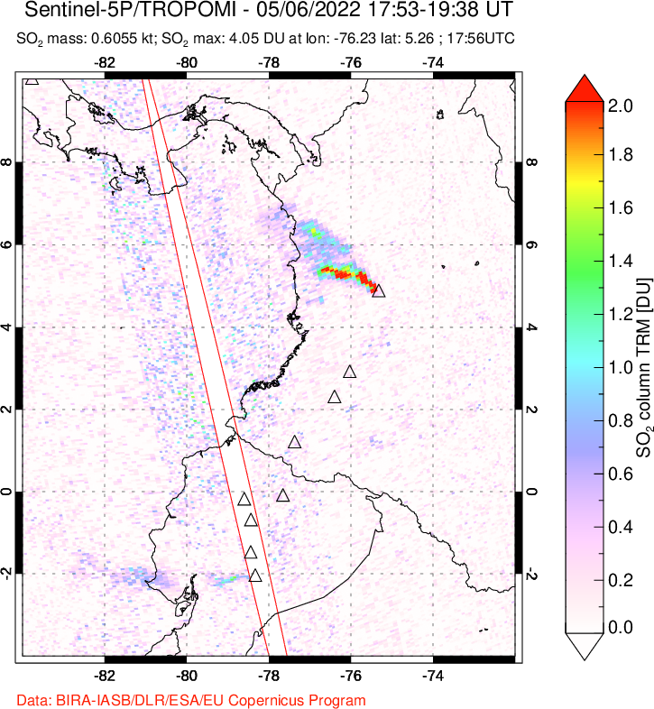 A sulfur dioxide image over Ecuador on May 06, 2022.