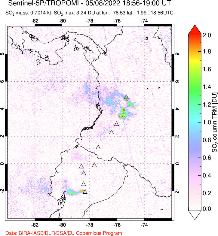 A sulfur dioxide image over Ecuador on May 08, 2022.