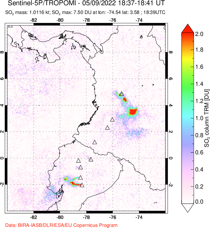 A sulfur dioxide image over Ecuador on May 09, 2022.