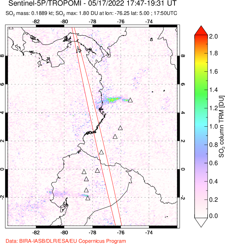 A sulfur dioxide image over Ecuador on May 17, 2022.