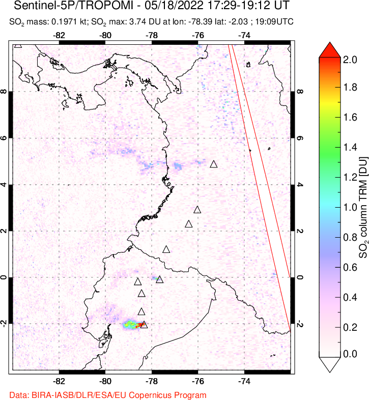 A sulfur dioxide image over Ecuador on May 18, 2022.