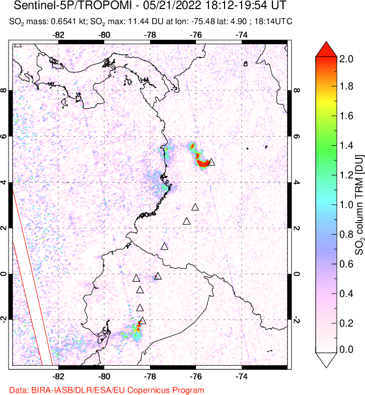 A sulfur dioxide image over Ecuador on May 21, 2022.