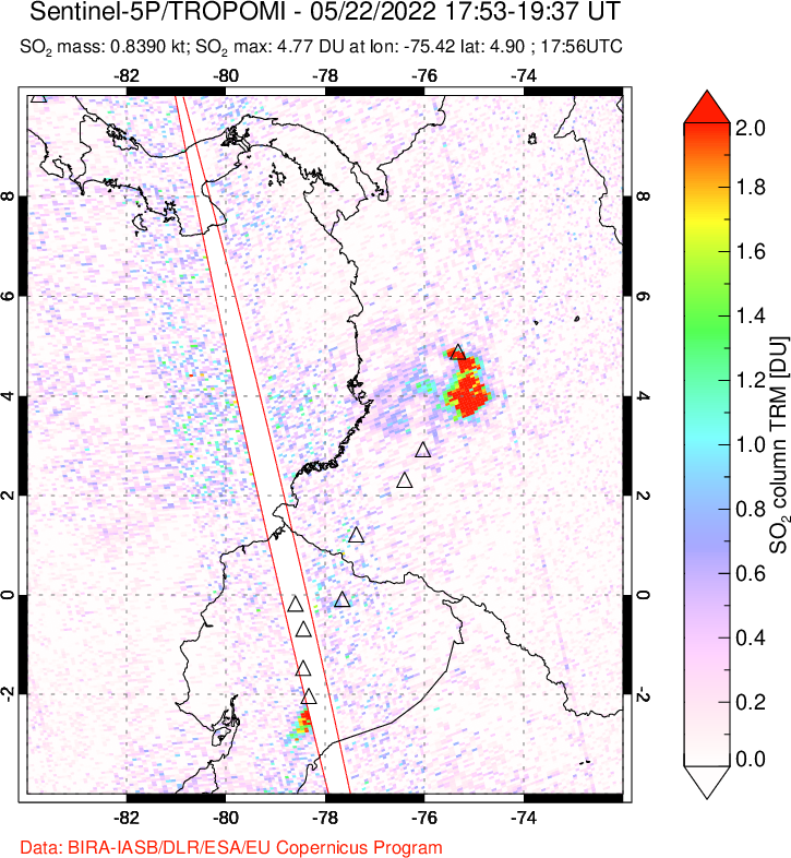 A sulfur dioxide image over Ecuador on May 22, 2022.