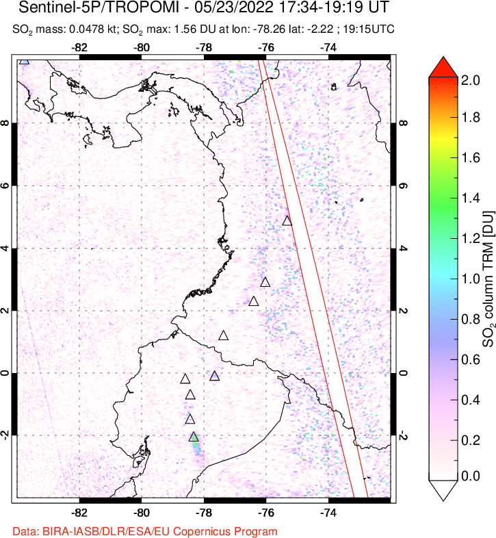A sulfur dioxide image over Ecuador on May 23, 2022.