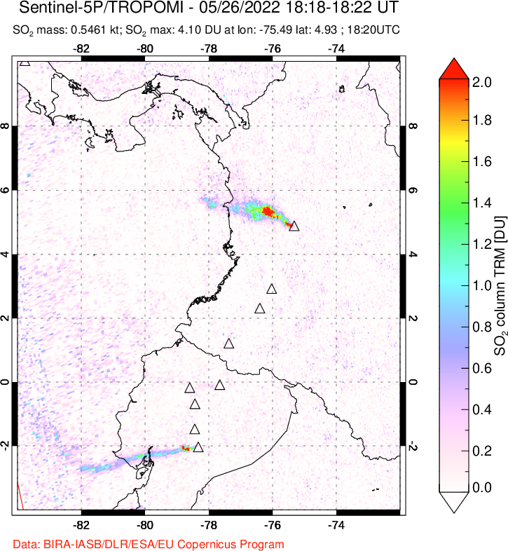 A sulfur dioxide image over Ecuador on May 26, 2022.