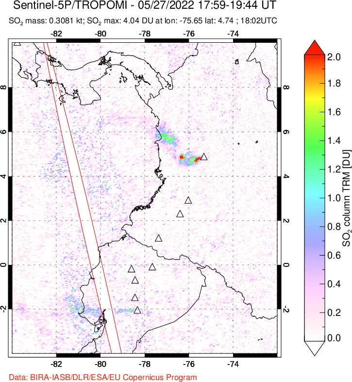 A sulfur dioxide image over Ecuador on May 27, 2022.