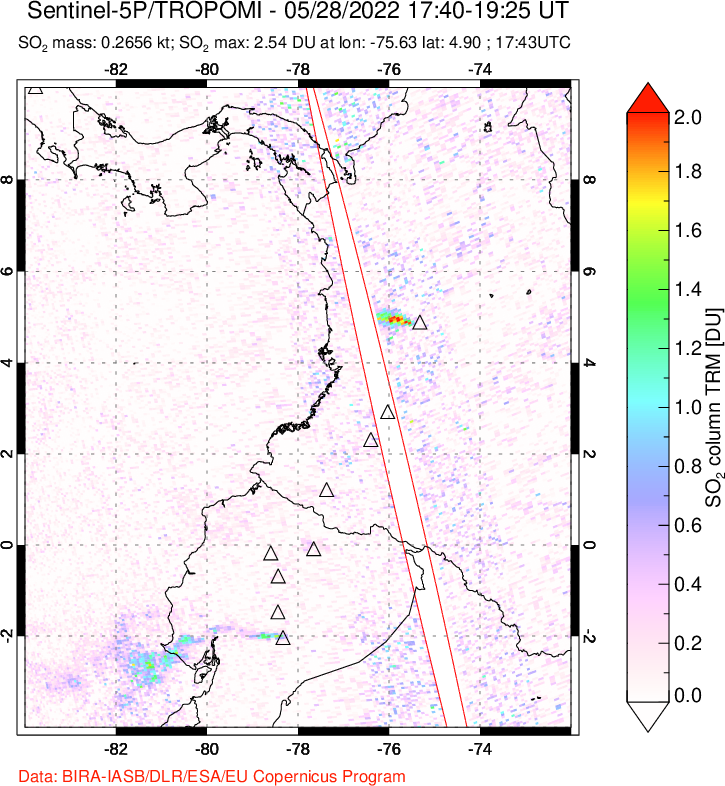 A sulfur dioxide image over Ecuador on May 28, 2022.