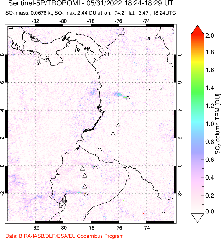 A sulfur dioxide image over Ecuador on May 31, 2022.