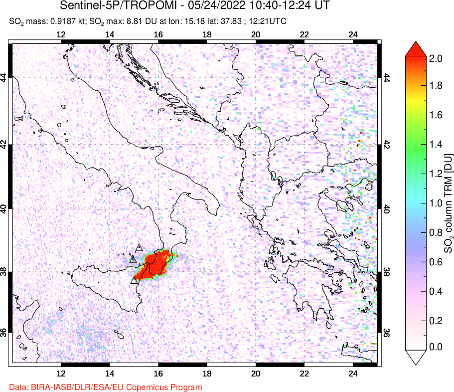 A sulfur dioxide image over Etna, Sicily, Italy on May 24, 2022.