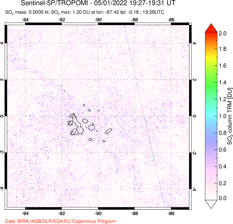 A sulfur dioxide image over Galápagos Islands on May 01, 2022.