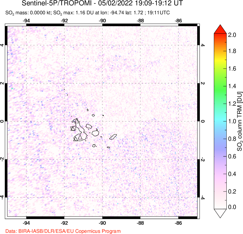 A sulfur dioxide image over Galápagos Islands on May 02, 2022.