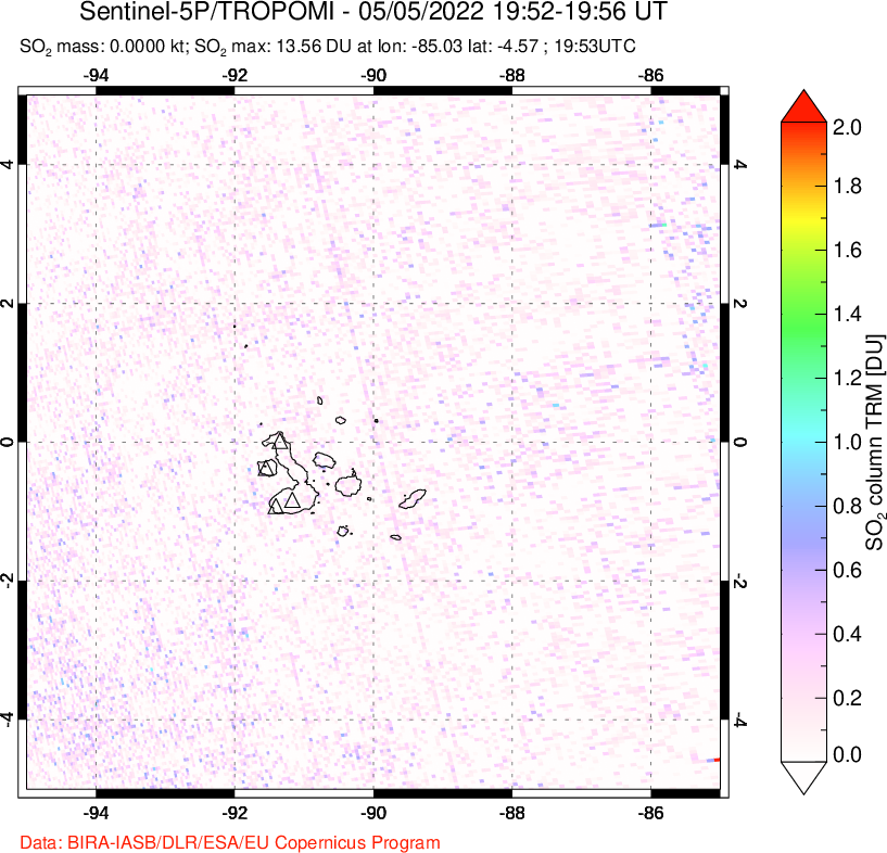 A sulfur dioxide image over Galápagos Islands on May 05, 2022.