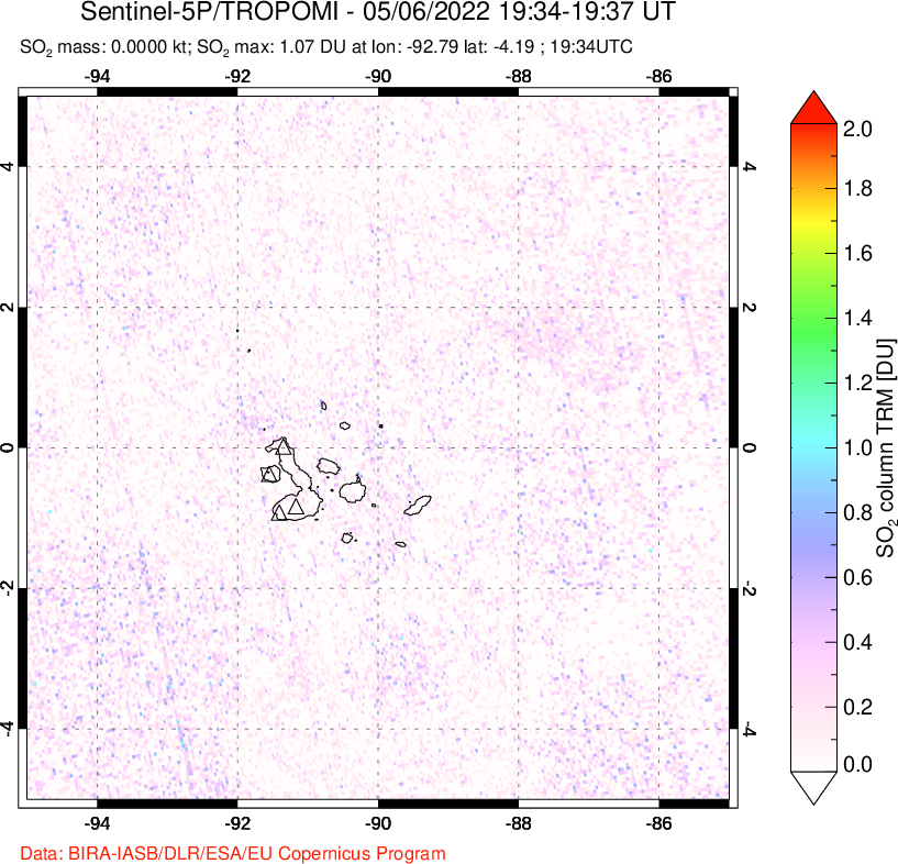 A sulfur dioxide image over Galápagos Islands on May 06, 2022.