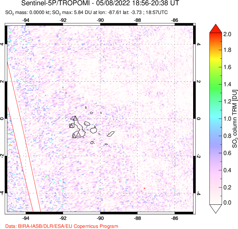 A sulfur dioxide image over Galápagos Islands on May 08, 2022.