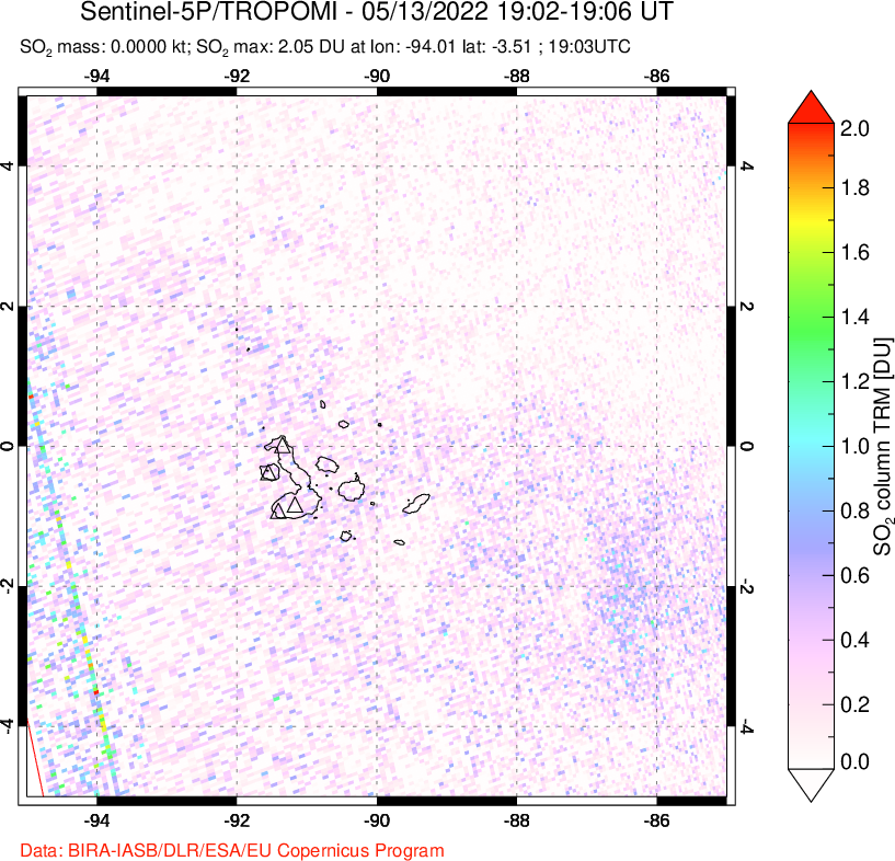 A sulfur dioxide image over Galápagos Islands on May 13, 2022.