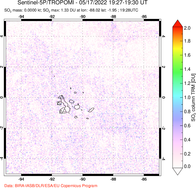 A sulfur dioxide image over Galápagos Islands on May 17, 2022.