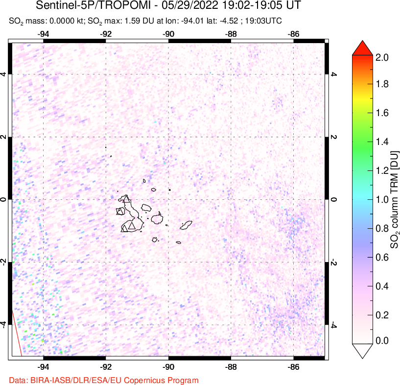 A sulfur dioxide image over Galápagos Islands on May 29, 2022.