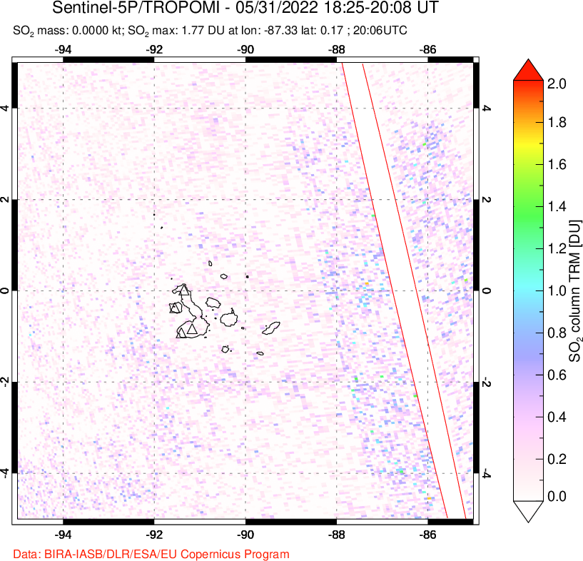A sulfur dioxide image over Galápagos Islands on May 31, 2022.