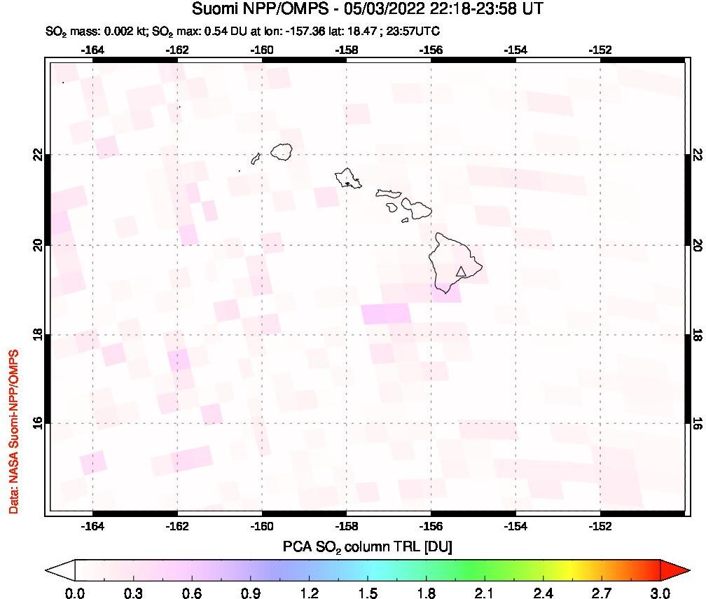 A sulfur dioxide image over Hawaii, USA on May 03, 2022.