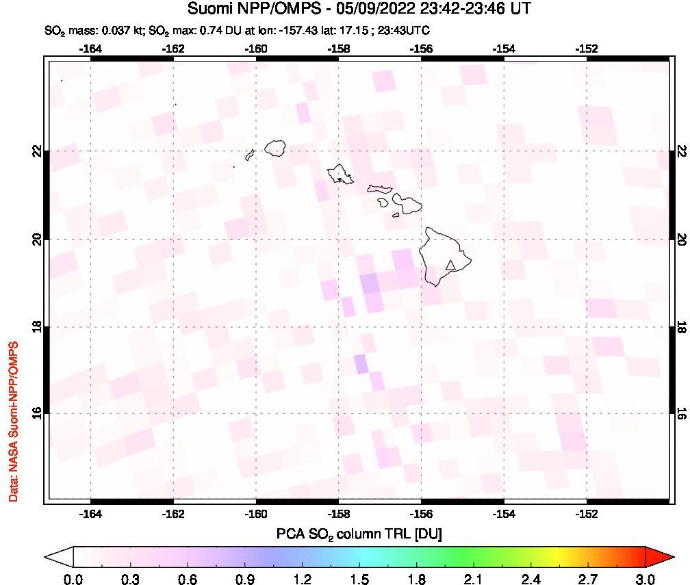 A sulfur dioxide image over Hawaii, USA on May 09, 2022.