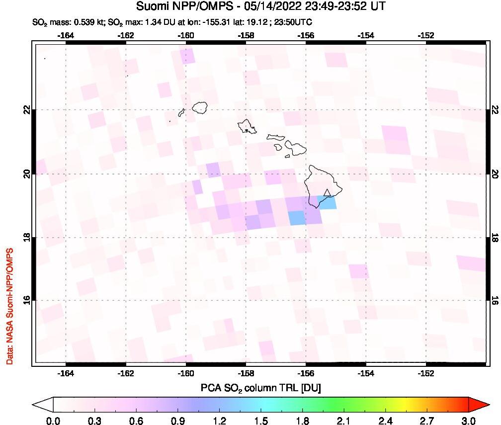 A sulfur dioxide image over Hawaii, USA on May 14, 2022.