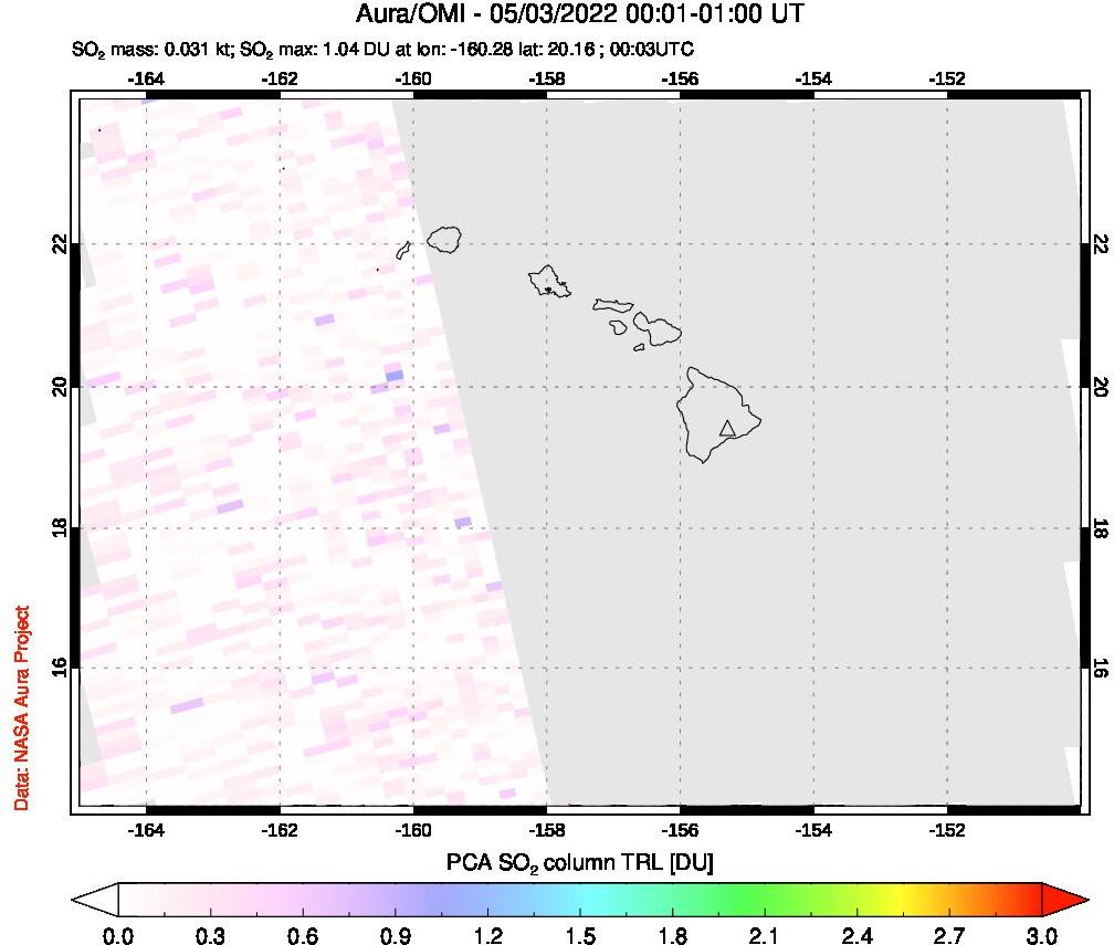 A sulfur dioxide image over Hawaii, USA on May 03, 2022.