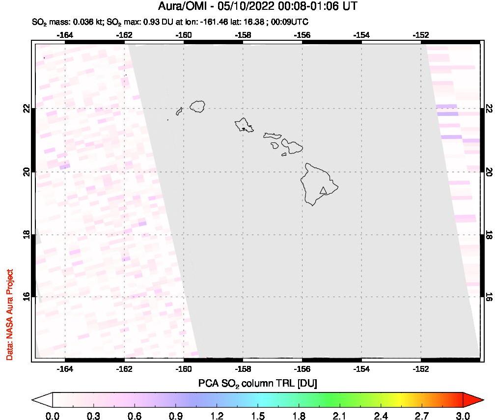 A sulfur dioxide image over Hawaii, USA on May 10, 2022.