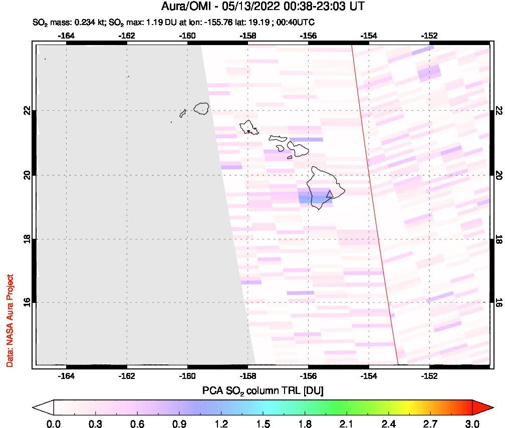 A sulfur dioxide image over Hawaii, USA on May 13, 2022.